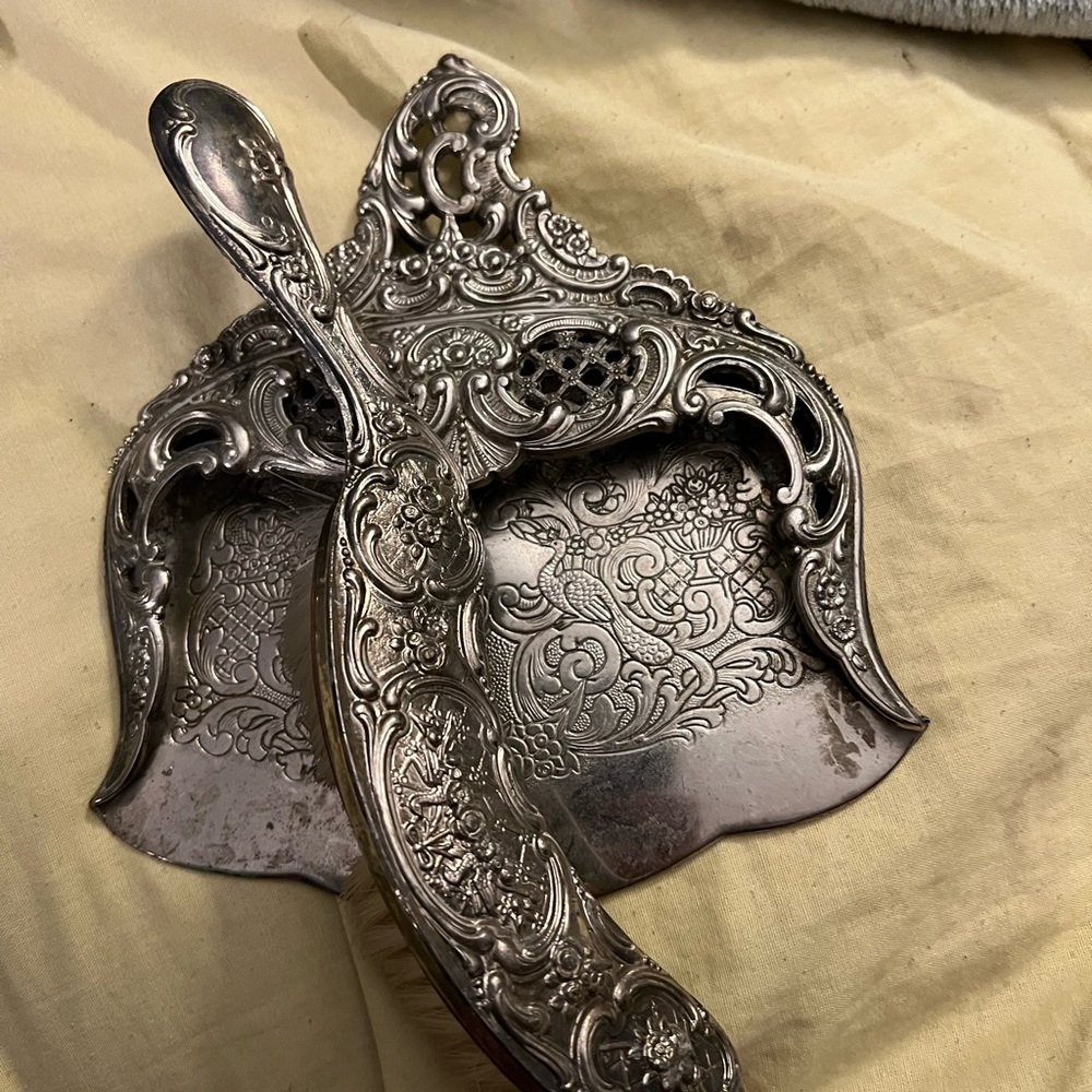 Vintage silver dustpan with brush